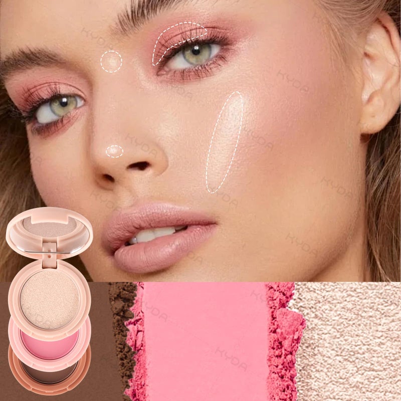 KYDA 3 Colors Contour Blush Highlighter Makeup Palette, All In One Make Up Kit-Blush,Highlighter and Contou Powder Palette, with Brush, Travel Size Stacked Make Up, Face Blusher for Women-01 - Image 3